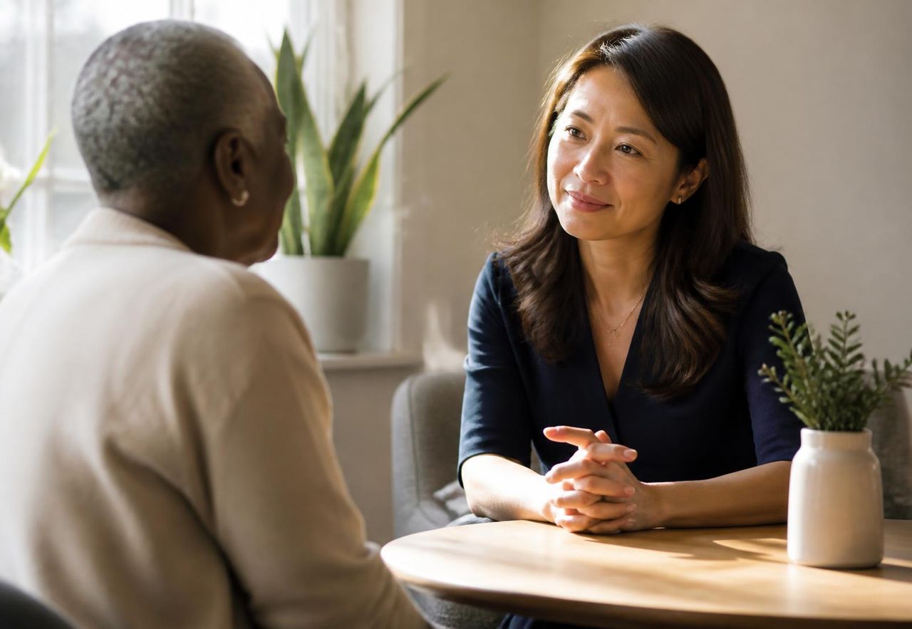 Two people in a quiet, supportive conversation