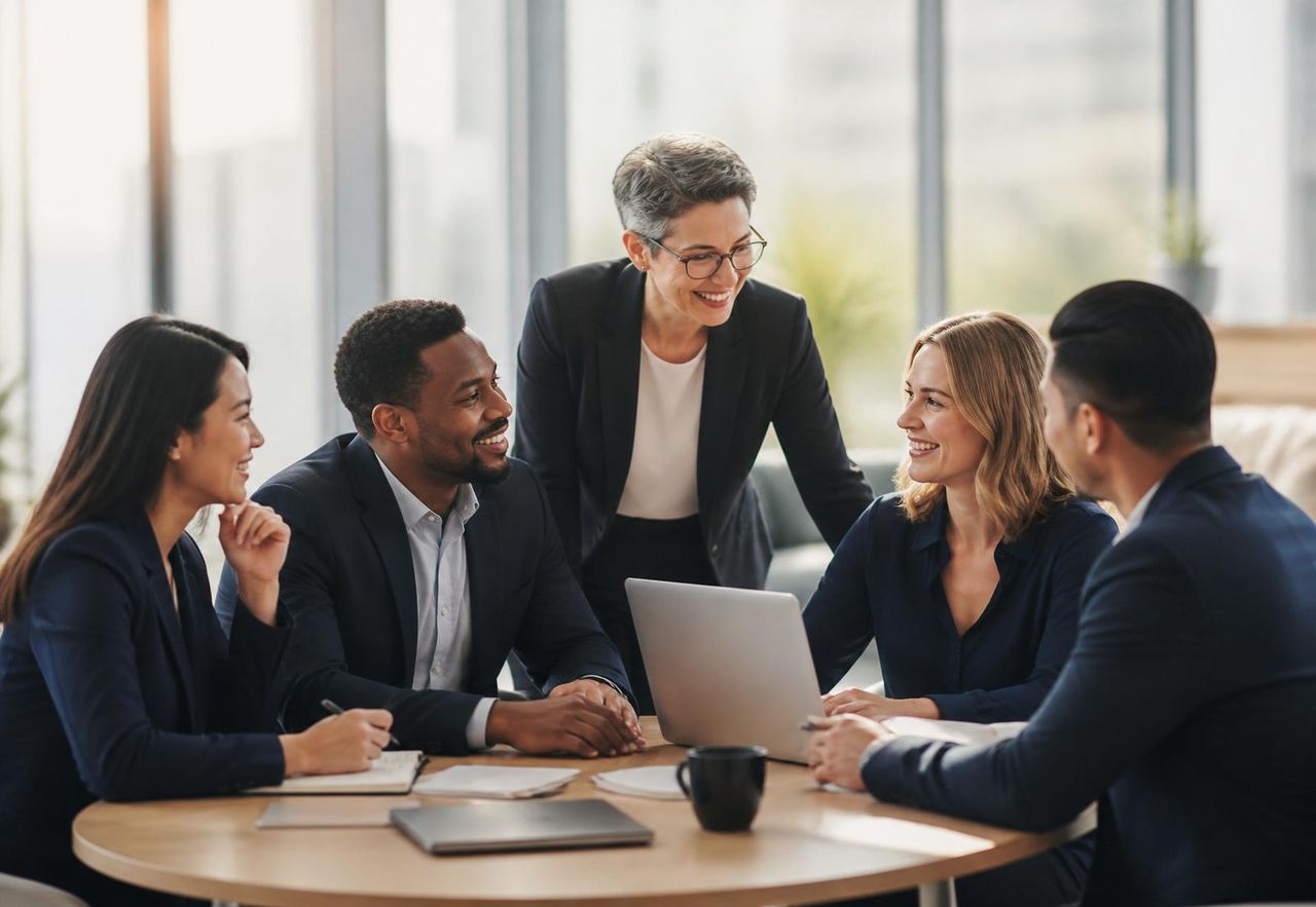 Colleagues talking together in a bright workplace
